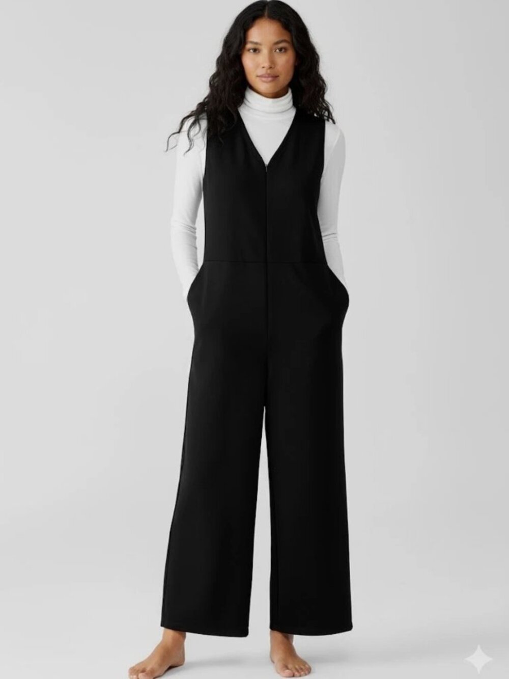 Eileen Fisher V-neck Ankle Jumpsuit in Black Washable Flex Ponte Zip Front S/P